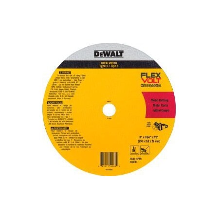 Dewalt DeWALT® FLEXVOLT® Cutoff Wheel, Ceramic, 6,600 RPM, Type 1, 9"Dia. x 5/64"T x 7/8"Arbor - Pkg Qty 25 DWAFV8918